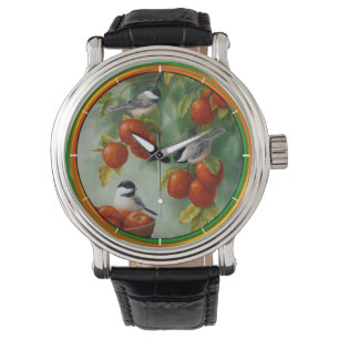 Chickadee Birds Apple Harvest Horloge