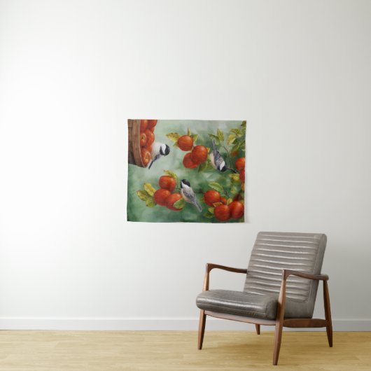 Chickadee Birds Apple Harvest Wandkleed (In Situ (horizontaal))