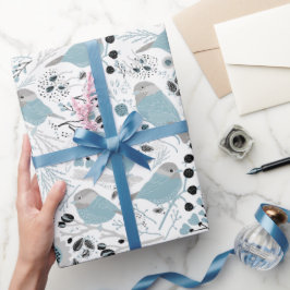 Chickadee Birds Cute Blue Gray Flowers Berries Cadeaupapier