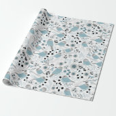 Chickadee Birds Cute Blue Gray Flowers Berries Cadeaupapier (Uitgerold)
