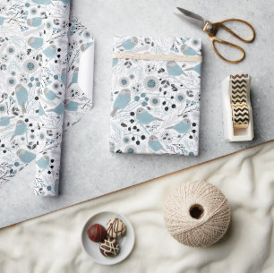 Chickadee Birds Cute Blue Gray Flowers Berries Cadeaupapier