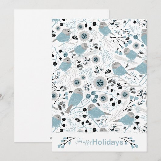 Chickadee Birds Cute Blue Gray Flowers Berries Feestdagenkaart (Voorkant / Achterkant)