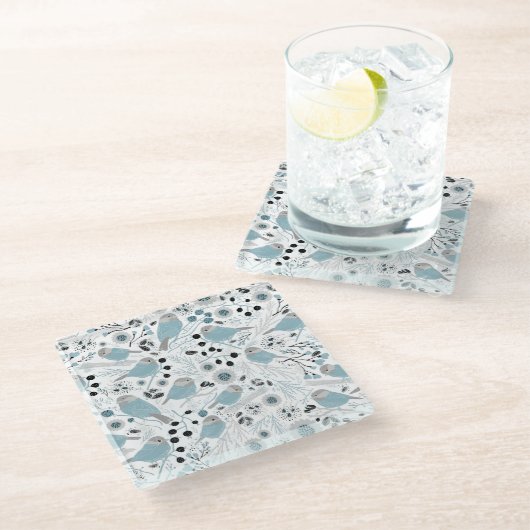 Chickadee Birds Cute Blue Gray Flowers Berries Glazen Onderzetter (Schuin)