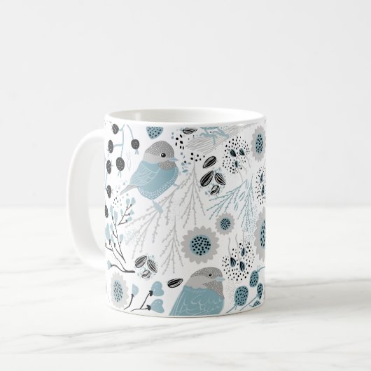 Chickadee Birds Cute Blue Gray Flowers Berries Koffiemok (Voorkant links)
