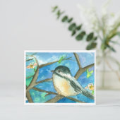 Chickadee Birds Roze Bloemen Waterverf Schilderij Briefkaart (Staand voorkant)