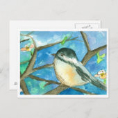 Chickadee Birds Roze Bloemen Waterverf Schilderij Briefkaart (Voorkant / Achterkant)