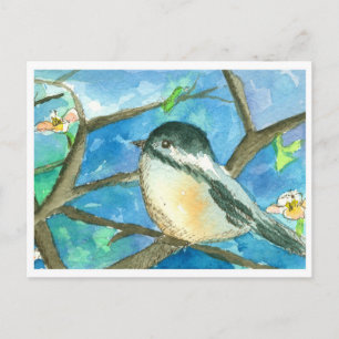 Chickadee Birds Roze Bloemen Waterverf Schilderij Briefkaart