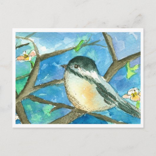 Chickadee Birds Roze Bloemen Waterverf Schilderij Briefkaart (Voorkant)