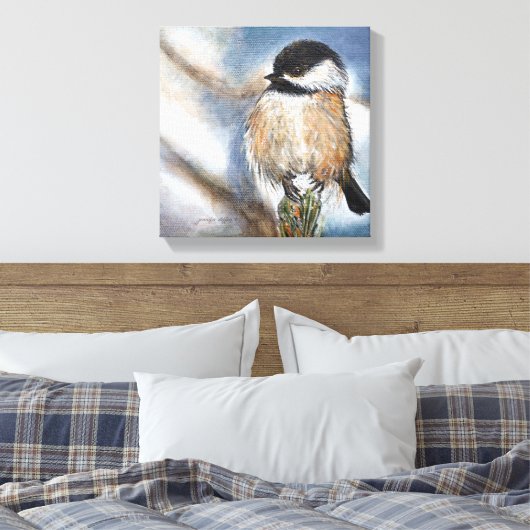Chickadee Black Capped Bird Winter Art Canvas Afdruk (Insitu (Slaapkamer))
