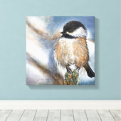 Chickadee Black Capped Bird Winter Art Canvas Afdruk (Insitu (Houten vloer))