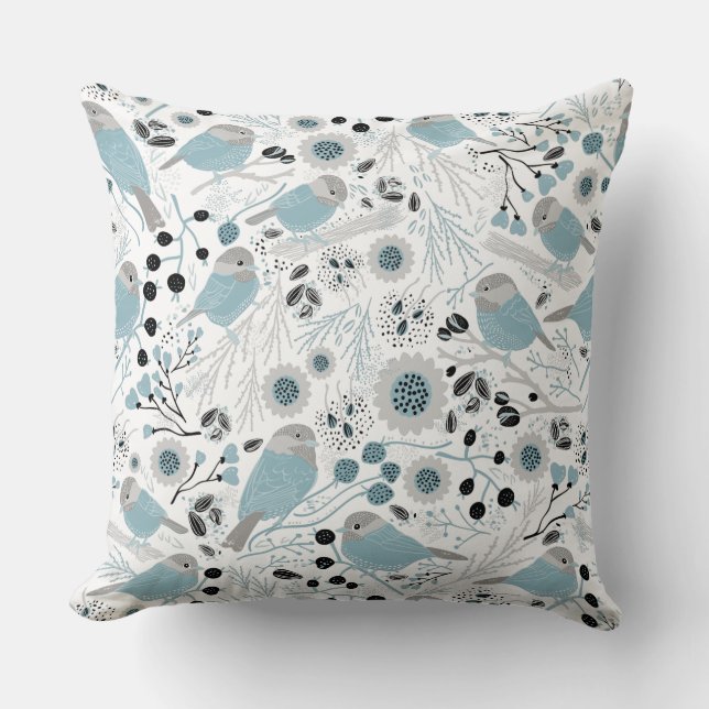 Chickadee Blue Gray Pattern Kussen (Voorkant)