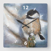 Chickadee Cute Winter Painting Vierkante Klok (Voorkant)