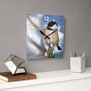 Chickadee Cute Winter Painting Vierkante Klok