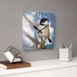 Chickadee Cute Winter Painting Vierkante Klok