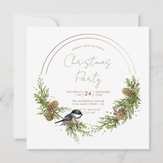 Chickadee en Pine Kerstkrans Kaart (Voorkant)
