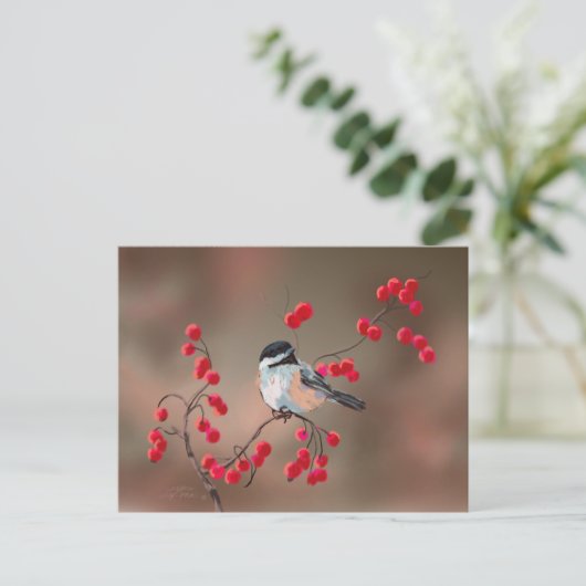 CHICKADEE EN RED BERRIES VAN SHARON SHARPE BRIEFKAART (Staand voorkant)