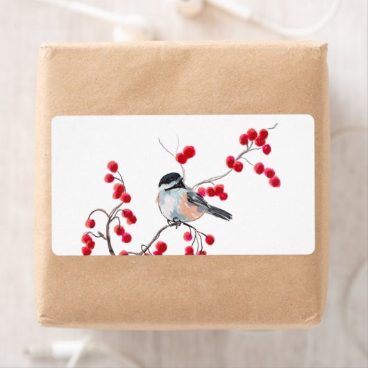 CHICKADEE EN RED BERRIES VAN SHARON SHARPE ETIKET (Insitu)