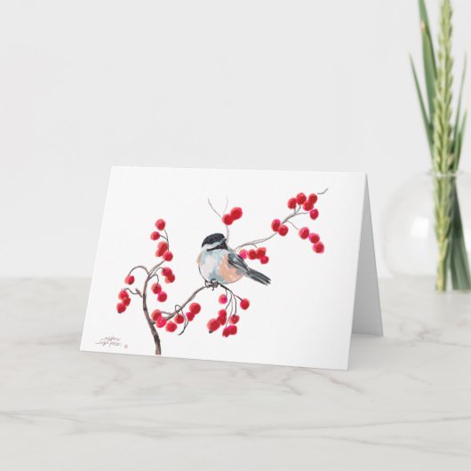 CHICKADEE EN RED BERRIES VAN SHARON SHARPE FEESTDAGEN KAART (Voorkant)