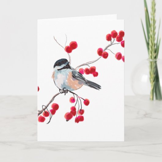 CHICKADEE EN RED BERRIES VAN SHARON SHARPE FEESTDAGEN KAART (Voorkant)