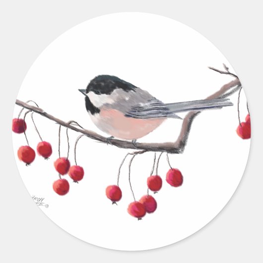CHICKADEE EN RED BERRIES VAN SHARON SHARPE RONDE STICKER (Voorkant)