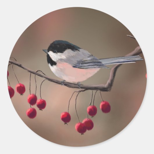 CHICKADEE EN RED BERRIES VAN SHARON SHARPE RONDE STICKER (Voorkant)