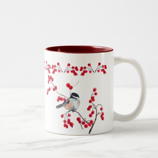 CHICKADEE EN RED BERRIES VAN SHARON SHARPE TWEEKLEURIGE KOFFIEMOK (Rechts)