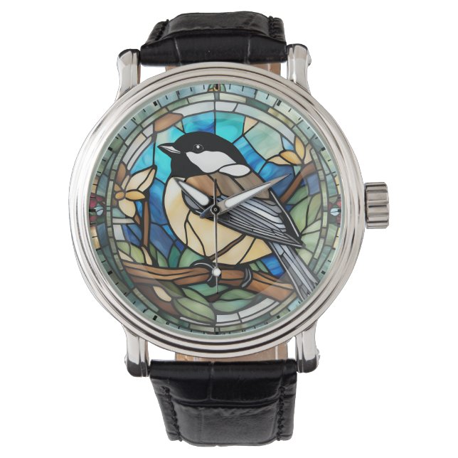 Chickadee Faux Glas in lood Grote Tit Bird Klok Horloge (Voorkant)