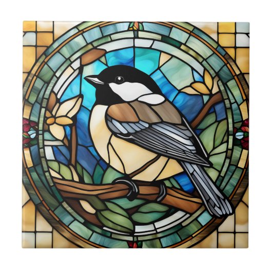 Chickadee Faux Glas in lood Grote Tit Bird Tegeltje (Voorkant)