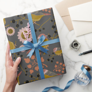 Chickadee Gold Pink Black Berries Flowers Pattern Cadeaupapier