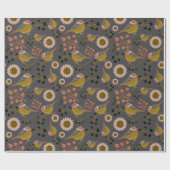Chickadee Gold Pink Black Berries Flowers Pattern Cadeaupapier (Vlak)