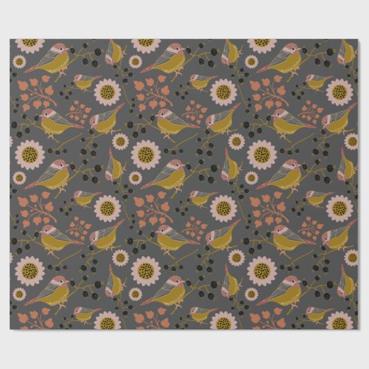Chickadee Gold Pink Black Berries Flowers Pattern Cadeaupapier (Vlak)