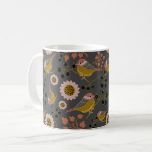 Chickadee Gold Pink Black Berries Flowers Pattern Koffiemok