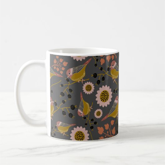 Chickadee Gold Pink Black Berries Flowers Pattern Koffiemok (Links)