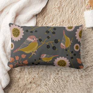Chickadee Gold Pink Black Berries Flowers Pattern Kussen