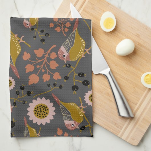 Chickadee Gold Pink Black Berries Flowers Pattern Theedoek (Quarter Fold)