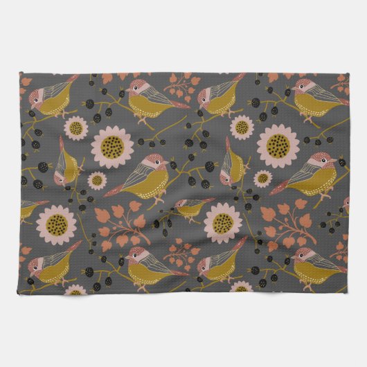 Chickadee Gold Pink Black Berries Flowers Pattern Theedoek (Horizontaal)