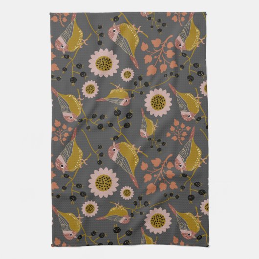 Chickadee Gold Pink Black Berries Flowers Pattern Theedoek (Verticaal)