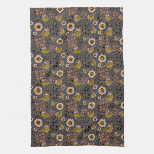 Chickadee Gold Pink Black Berries Flowers Pattern Theedoek (Verticaal)
