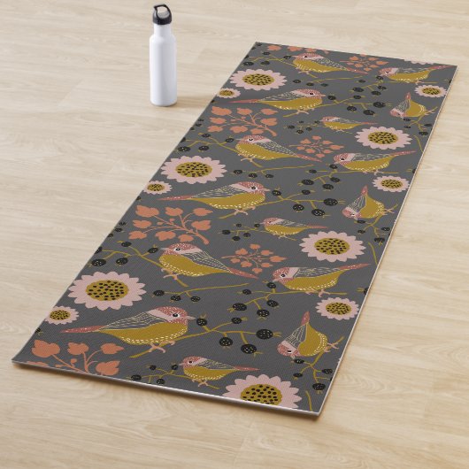 Chickadee Gold Pink Black Berries Flowers Pattern Yogamat (In situ)