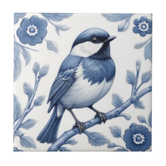Chickadee Great Tit Bird Delfts blauw en wit Tegeltje (Voorkant)