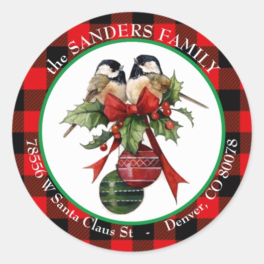  Chickadee Holly-adres voor kerstmis Ronde Sticker (Voorkant)