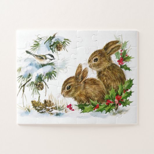 Chickadee Konijnen Hulst Kerstmis Xmas Legpuzzel (Horizontaal)