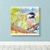 Chickadee met Bijbelvers Luke 13 18-19 Canvas Afdruk (Insitu (Houten vloer))