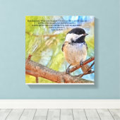 Chickadee met Bijbelvers Luke 13 18-19 Canvas Afdruk (Insitu (Houten vloer))