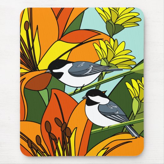 Chickadee met Floral Print Muismat (Voorkant)