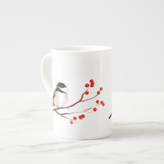 Chickadee met Red Berries - Single Branch Porselein Kop (Links)