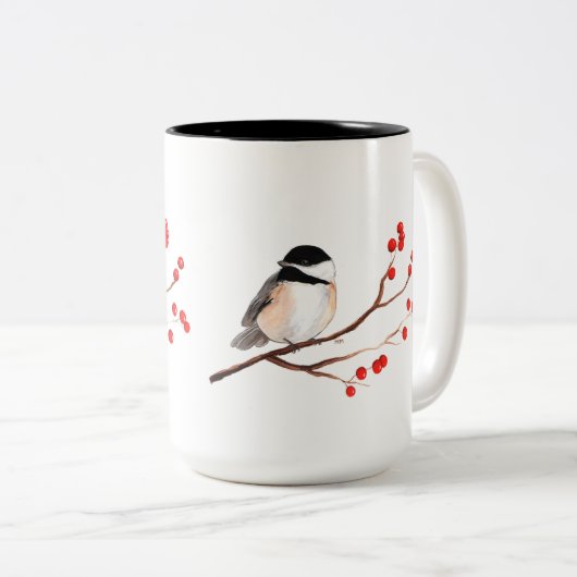 Chickadee met Red Berries - Single Branch Tweekleurige Koffiemok (Voorkant rechts)