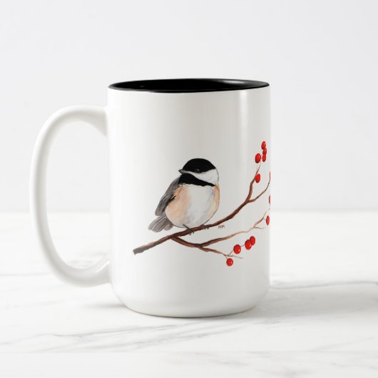 Chickadee met Red Berries - Single Branch Tweekleurige Koffiemok (Links)