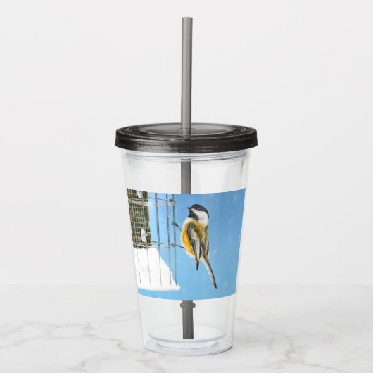 Chickadee on feeder Painting - Original Bird Art Acryl Drinkbeker (Voorkant)