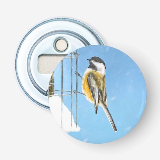 Chickadee on feeder Painting - Original Bird Art Button Flesopener (Voorkant)